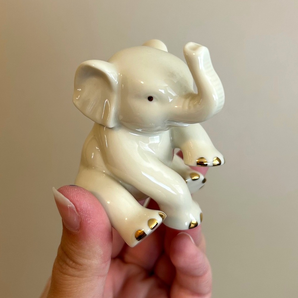Vintage Lenox Baby Elephant Porcelain Figurine Lucky Trunk Up Gold Paint